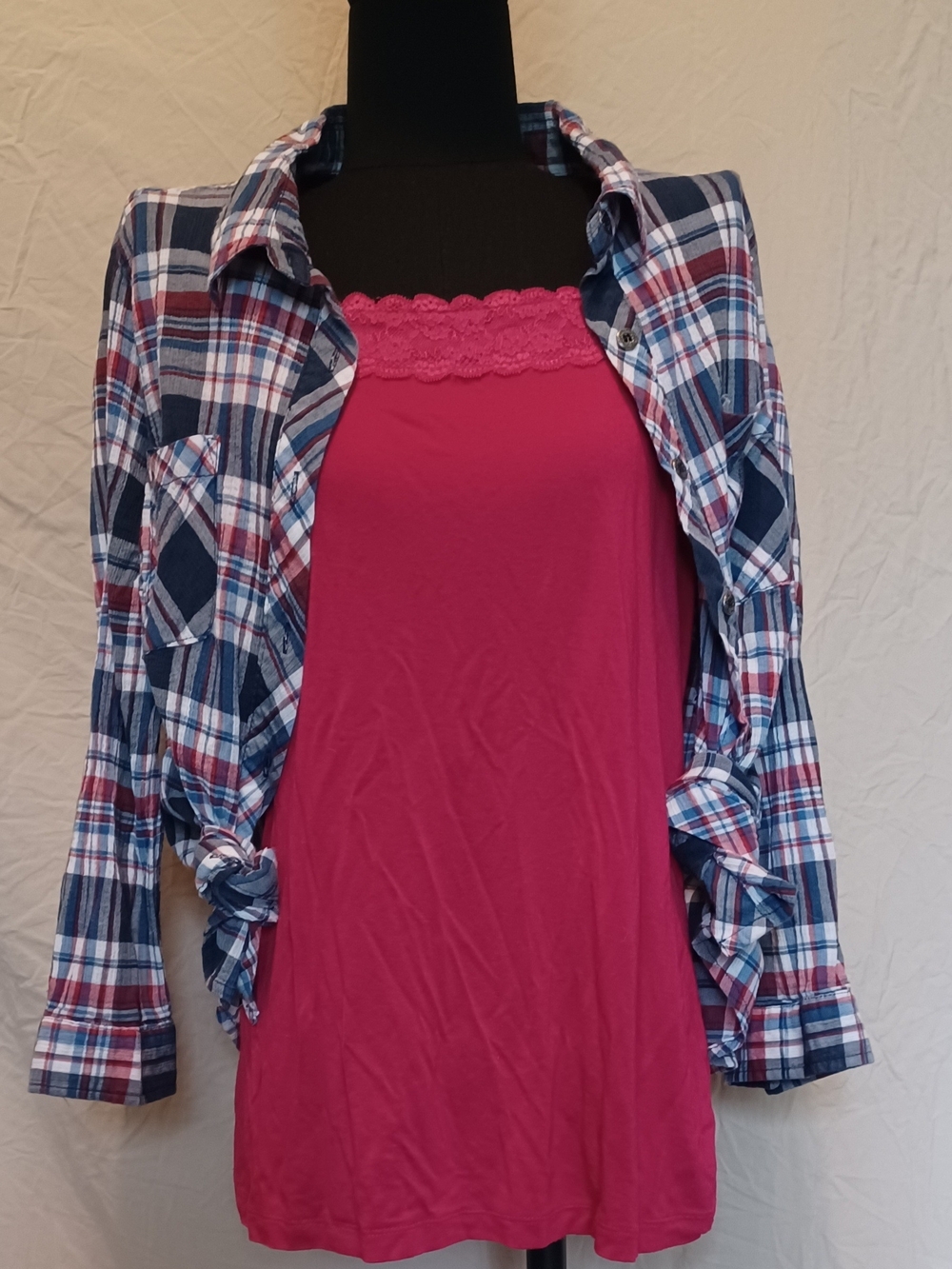Catherines Red, Navy & Light Blue Plaid Button-Up Utility Shirt Blouse - Picture 12 of 12